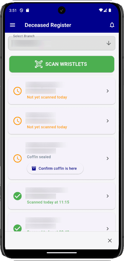 1BizApp Funerals deceased register on mobile, with wristlet scanning and coffin checks
