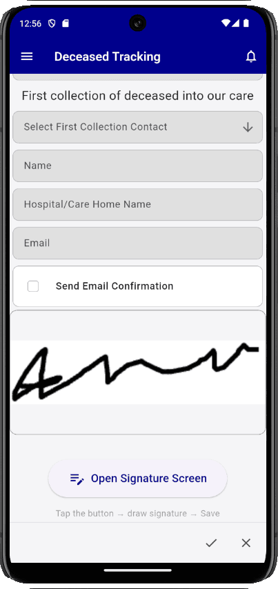 1BizApp Funerals mobile app recording the first collection of the deceased, with signature and email confirmation